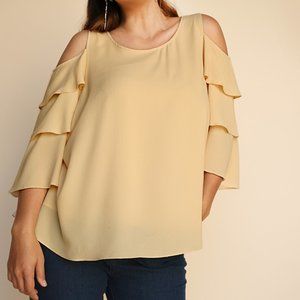 Umgee Tiered Ruffle Sleeve Open Shoulder Keyhole Blouse